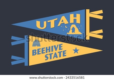 Set of Utah pennants. Vintage retro graphic flag, pennant, star, sign, symbols of USA. Beehive State.
