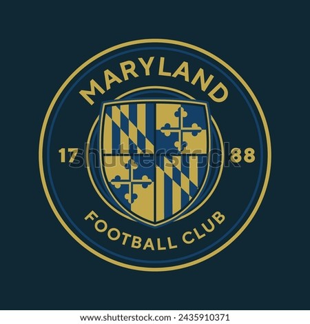 Maryland football club, USA. Soccer club emblem. Football badge shield logo, soccer ball team game club elements.