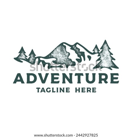 Hand drawing of Mountain landscape in retro engraving style. Adventure in graphic vintage style. Vector logo template.