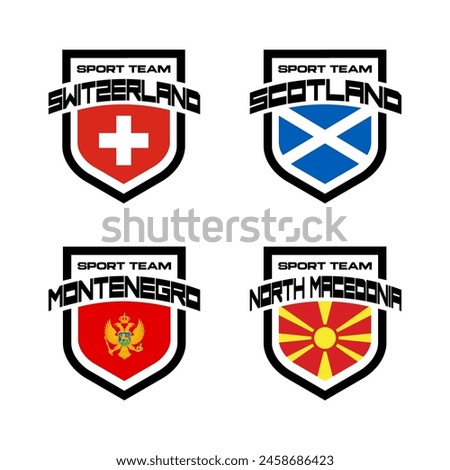 Vector set of sport logo with national teams. Football sings for tournament isolated on white background. Switzerland, Scotland, Montenegro, North Macedonia.