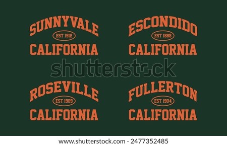 Set t-shirt stamp graphic, California travel wear typography city emblem. Sunnyvale, Escondido, Roseville, Fullerton vintage tee print, sport apparel design shirt graphic print