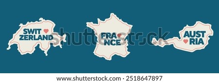 Set country map Austria, France, Switzerland frame on isolated background, cool for sticker, emblem, logo and icon.