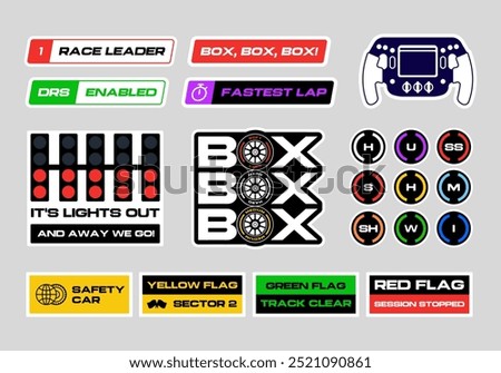 Set streetwear auto racing cartoon stickers. Sport Race Car Driving Championship vector illustration.