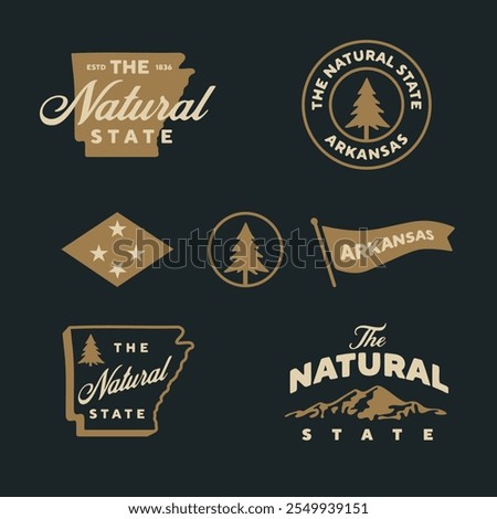 Set of vintage Arkansas travel logos. The Natural state. 