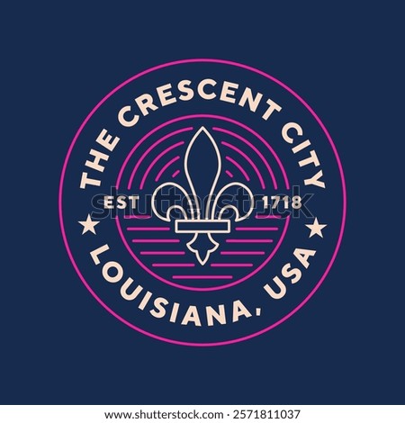 Louisiana, New Orleans travel logo. The crescent City. Neon style, editable stroke. Thin vector icon set