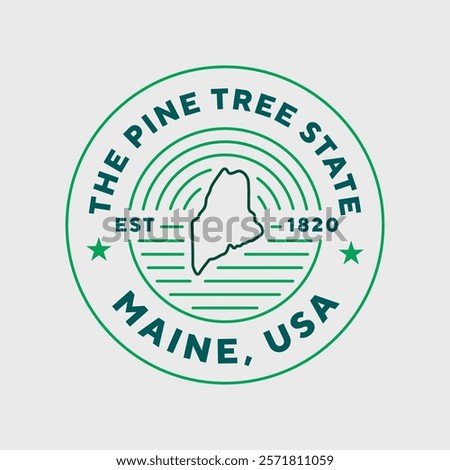 Maine travel logo. The Pine Tree state. Editable stroke.