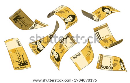 Korean currency, different types set of falling paper money. South Korean 50,000 won.