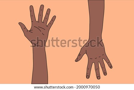 dark skinned human hand, front (left) and back (right) side of an adult human left hand