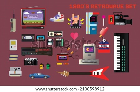 Big set of 1980's related items, retrowave vector icons and stickers: cellphone, tv, sneakers, handheld game console, video and audio cassettes, gamepad, player, vcr, computer, synthesizer, etc.