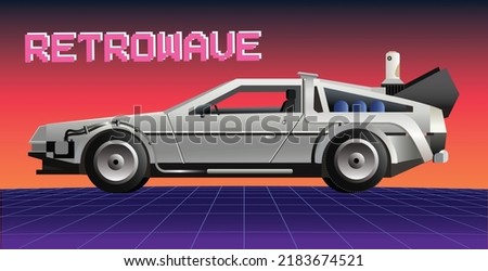 Side view of a sci-fi race car on a green retro-futuristic 80's glowing synthwave cyberpunk grid background with copy space	