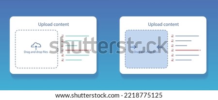 file uploader user interface design, image upload window, web page vector template. Upload content button, drag and drop area. UI UX action presentation
