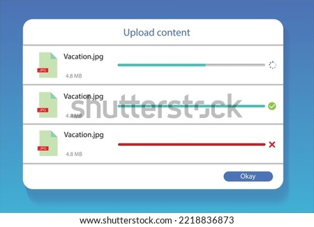 file uploader user interface design, image upload window, web page vector template. Upload content modal, progress bar. UI presentation