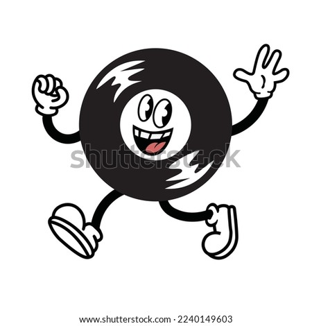 retro style cartoon character with a body of a vinyl disc. Music streaming service icon, recording store logo. Vintage rubberhose comic style design. Vector illustration