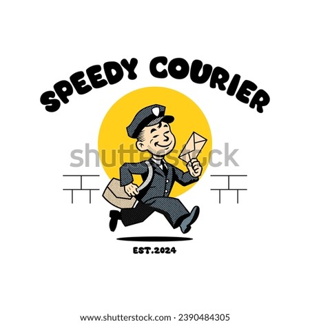 Vintage cartoon mascot of a running postman with an envelope