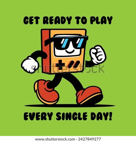 Vintage cartoon video game mascot, happily walking, wearing sunglasses, gaming console character design, vector