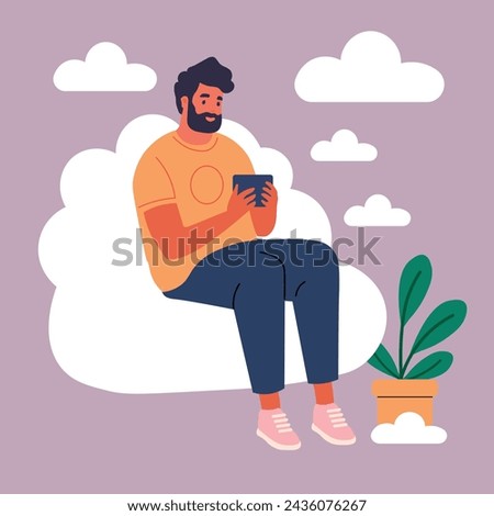 Cartoon flat male character sitting on a white fluffy cloud and playing video games on a mobile gadget