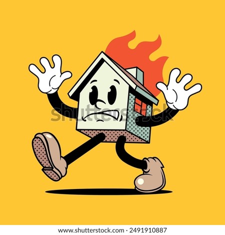 Vintage cartoon house mascot set on fire