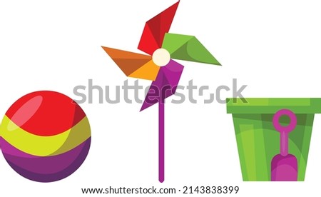 three-piece set of children's toys: a spinner on a stick, a ball, a bucket with a sand scoop