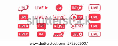 Large set of red buttons for streaming, live broadcast, blog, stream. Modern technologies for the design of video content, news feeds. Flat icons. Vector illustration 