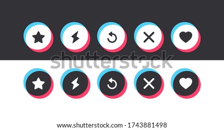 A set of colored round buttons with icons of hearts, stars, arrows, lightning bolts, and crosses drawn in a flat style. Social media network concept. Vector illustration Stock fotó © 