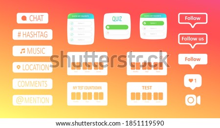 Social media interface stickers, stories social media icons. A large set of white buttons and stickers with a countdown, for the design of stories, stream, blogs. Vector illustration