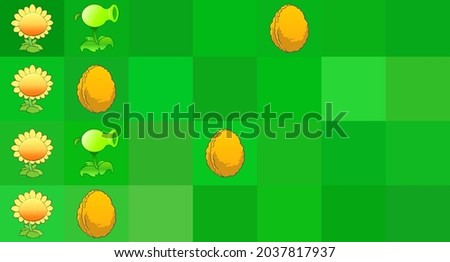 Plants vs. Zombies. Background in the style of a chess game with plants on a green board in the form of game pieces. Vecton illustration 