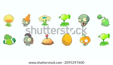 Set of cartoon plants and zombies. Vector illustration 