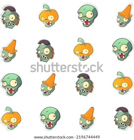Cartoon heads of funny zombies. Childish background with cranks on a white background. Vector illustration