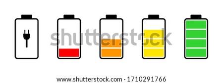 Battery charge level indicators set. Vector illustration. Energy storage concept. Colorful batteries. Set of accumulators