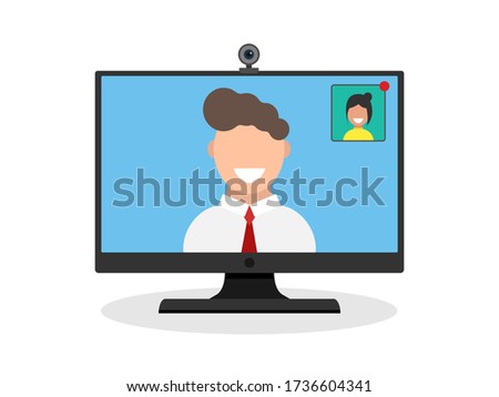 Video call on a computer screen. Man speaking with friend or colleague. Modern flat design illustration. Connection via internet.