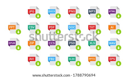 Set of different file formats. File extensions icons. Download buttons for web site or app. Data. Vector set.