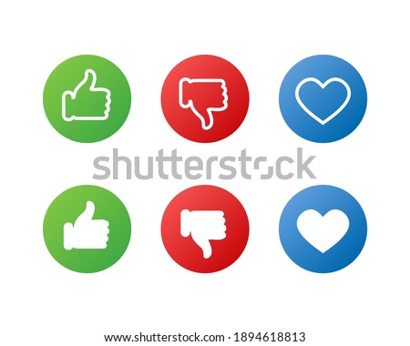 Web icons. Like, Dislike and Love signs. Thumb up button. Social media symbols. Linear and flat
