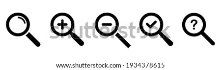Magnifying glass icons with plus, minus, check mark and question mark. Search web symbols.