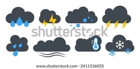 Bad Weather Icons. Vector dark clouds with snow, rain, lightning. Thunderstorm clouds.