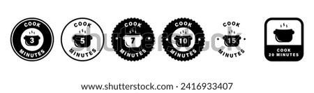 Cooking minutes. Vector labels with food preparation time. 