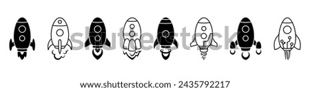 Rocket flying up - vector icons collection. Rocket launch.
