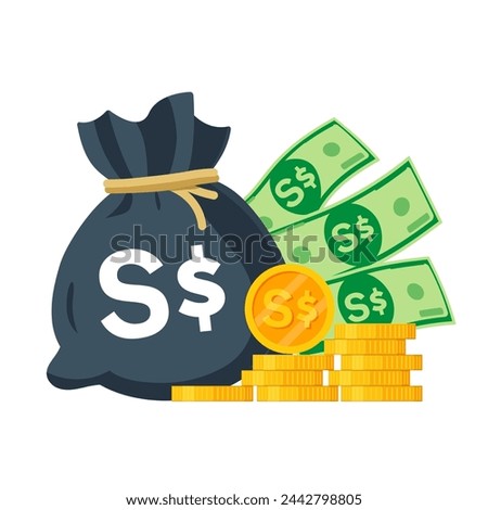 Singapore Money Vector illustration. Singapore dollar bag, banknotes and coins. Each object isolated.