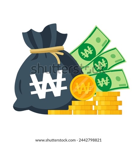 South Korea Money Vector Illustration. South Korean Won sack, coins and banknotes. Each object isolated.