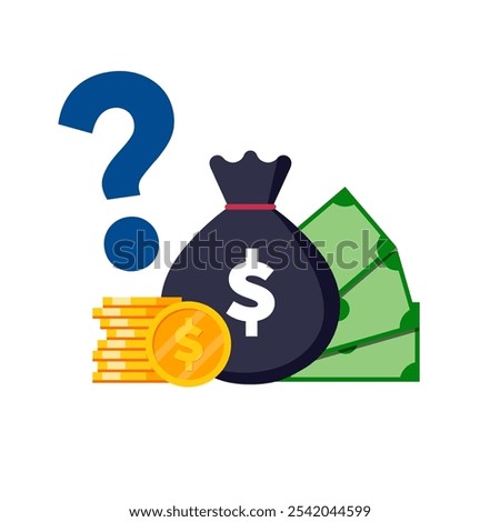 Money bag with dollars, coins and question mark - economy and finance questions vector illustration.