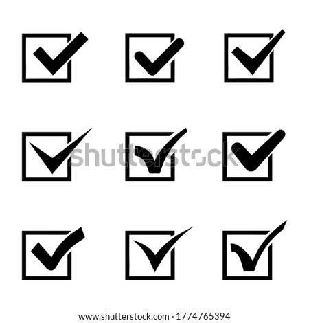 Set of nine different black and white vector check marks or ticks in boxes conceptual of confirmation acceptance positive passed voting agreement true or completion of tasks on a list