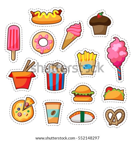 Cartoon street food pa?th badge set with cute elements