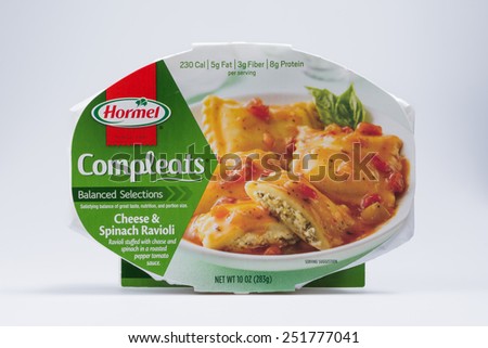 ROLLA, MISSOURI-FEBRUARY 10, 2015:  Hormel Compleats Cheese and Spinach Ravioli makes a complete and balanced meal.