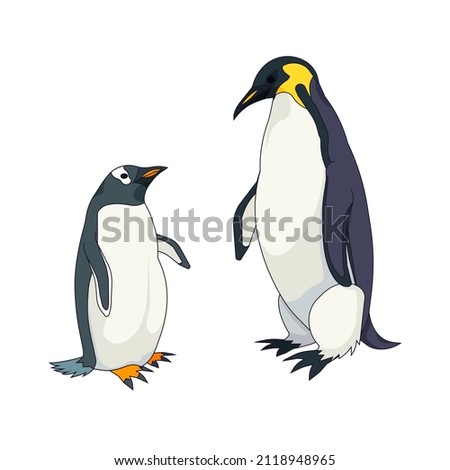 Cute of King and Gentoo penguins in Cartoon design style, collection of penguin species on white isolated background for prints, icons, stickers, patterns, icons for social media, apps and websites.