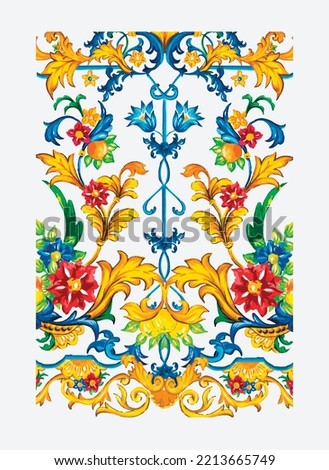 Italian Sicily ornaments. Design for Mediterranean Sicilian, majolica, watercolor ornament. 