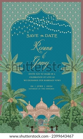 Mughal invitation card design with Mughal temple, peacock, tropical trees, and flowers vector illustration.