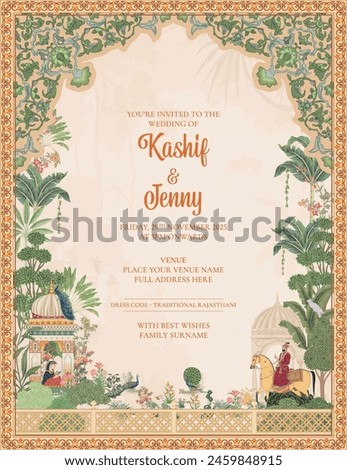 Mughal wedding invitation card design. Indian Mughal wedding invitation card for printing vector illustration