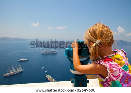 Image, Stock Photo Binoculars on Santorini with view of cruise ships