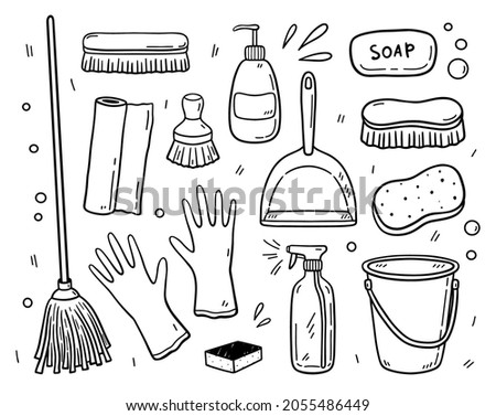 Doodle set of items for cleaning - mop, brushes, detergents, bucket, scoop, rubber gloves, soap, sponges, paper towels. Work equipment for keeping the house clean. Vector hand-drawn illustration.