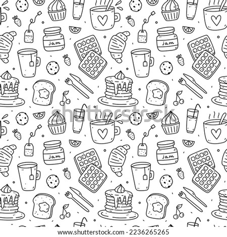 Cute seamless pattern with breakfast food - toasts, jam,  coffee, tea, croissants, waffles, pancakes. Vector hand-drawn illustration in doodle style. Perfect for print, wrapping paper, wallpaper.