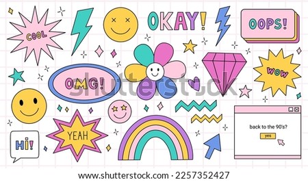 Set of trendy badges or stickers in the style of the 90s. Bright patches with smiling faces, lightnings, diamonds, stars and speech bubbles with the text Yeah, Oops, Cool, Wow. Nostalgia for the 1990s